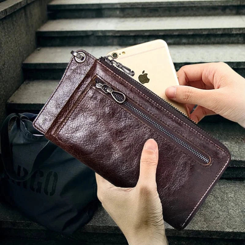 Portefeuille long homme zippé en cuir, place téléphone 6,5 pouces