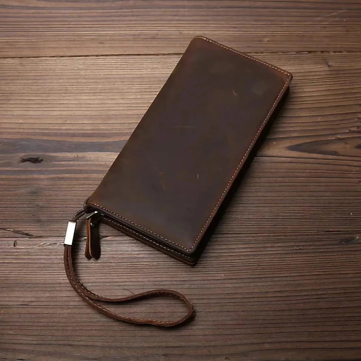 Portefeuille long homme en cuir marron, style vintage