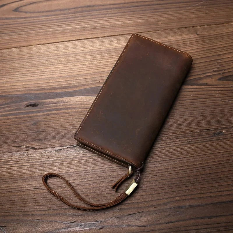 Portefeuille long homme en cuir marron, style vintage