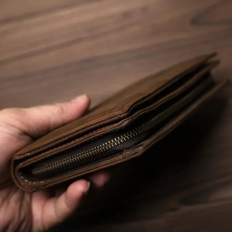 Portefeuille long homme en cuir marron, style vintage