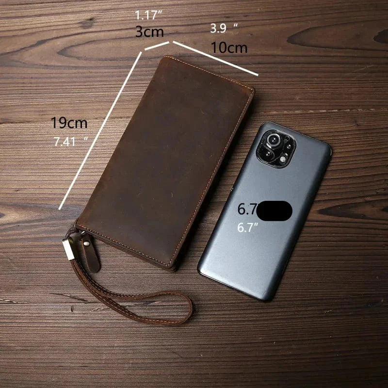 Portefeuille long homme en cuir marron, style vintage