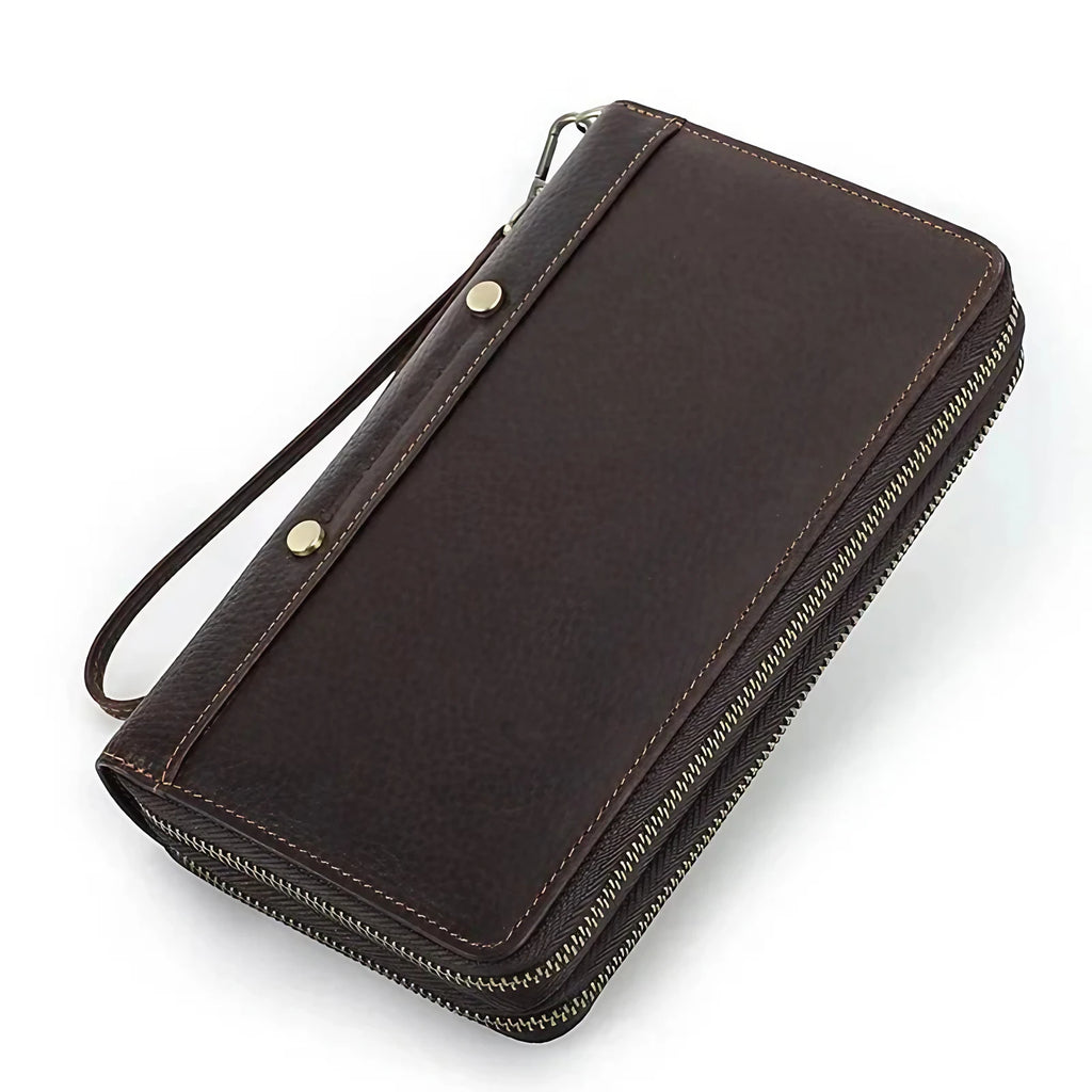 Portefeuille homme trois volets en cuir, place pour le passeport, café