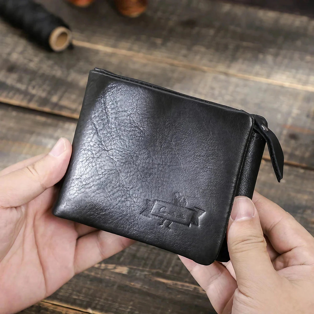 Portefeuille homme trois volets en cuir, poche à monnaie zippée, noir