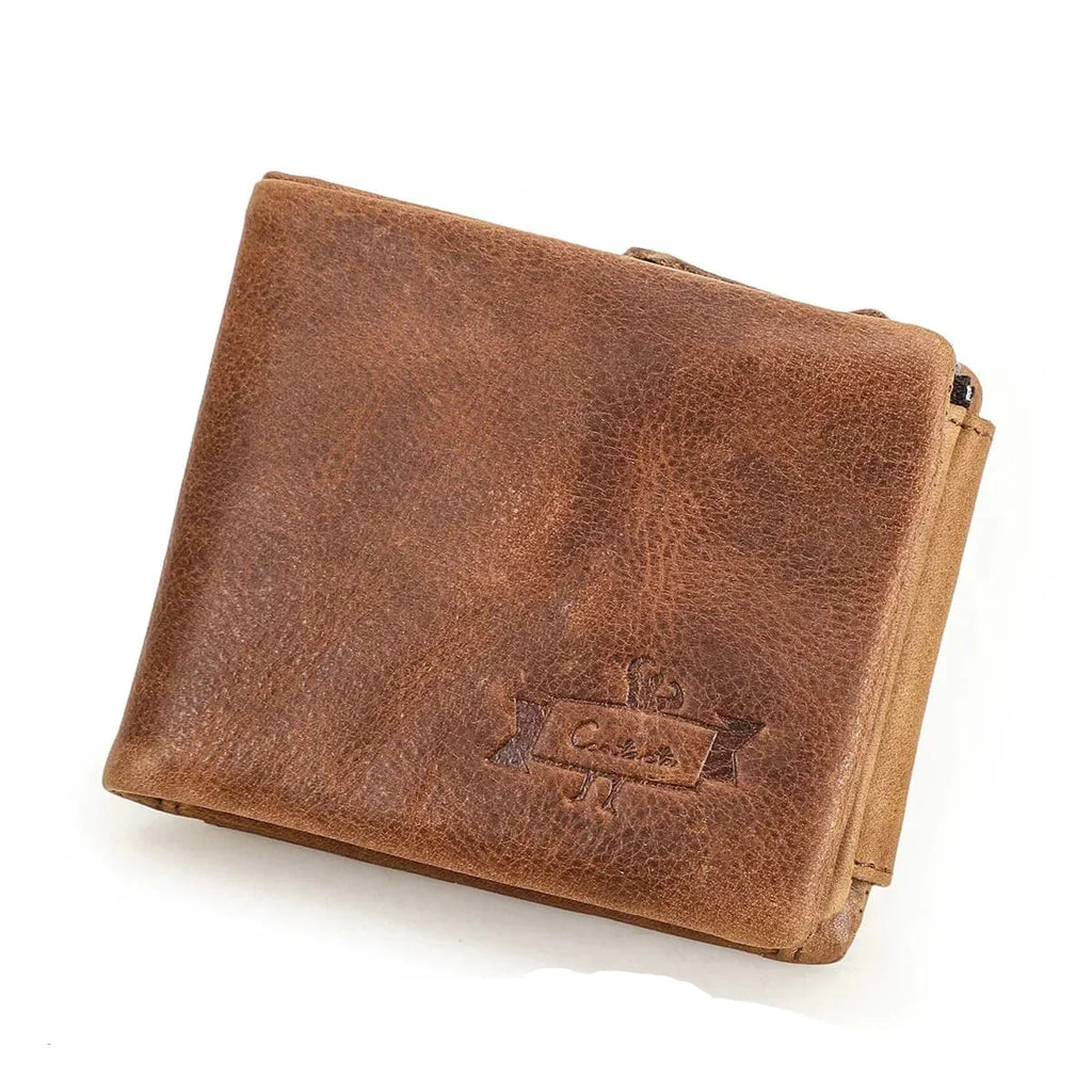 Portefeuille homme trois volets en cuir, poche à monnaie zippée, café