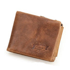 Portefeuille homme trois volets en cuir, poche à monnaie zippée, café