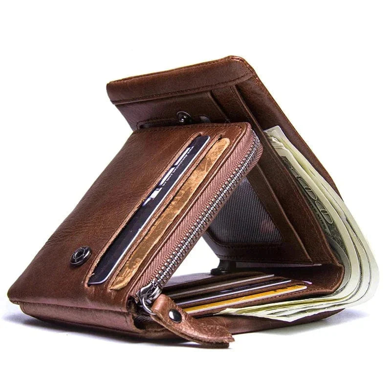 Portefeuille homme trois volets en cuir, poche à monnaie zippée