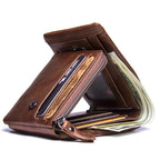 Portefeuille homme trois volets en cuir, poche à monnaie zippée