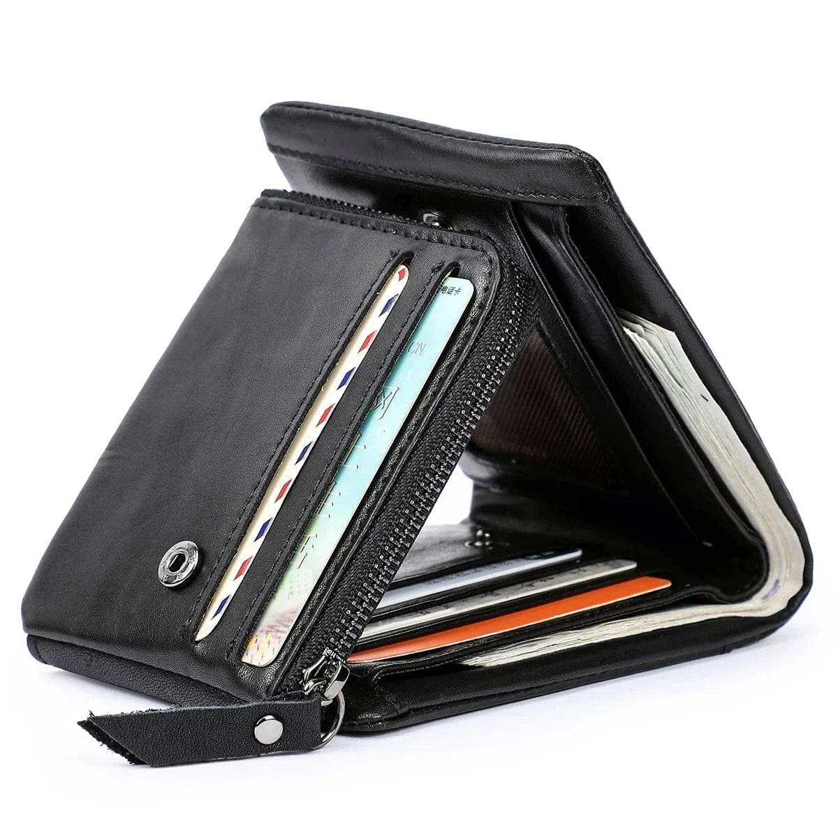 Portefeuille homme trois volets en cuir, poche à monnaie zippée