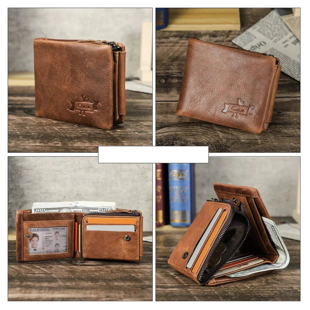 Portefeuille homme trois volets en cuir, poche à monnaie zippée