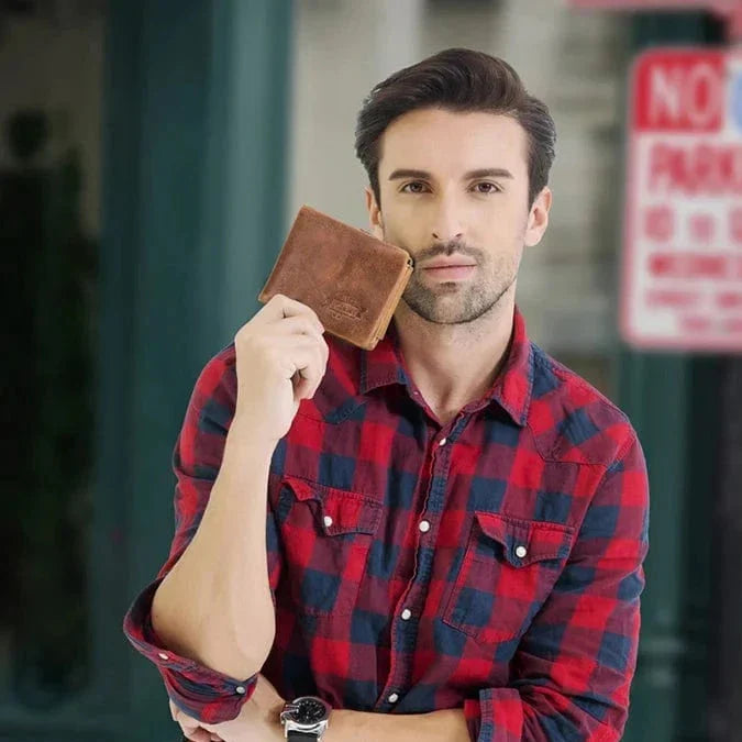 Portefeuille homme trois volets en cuir, poche à monnaie zippée