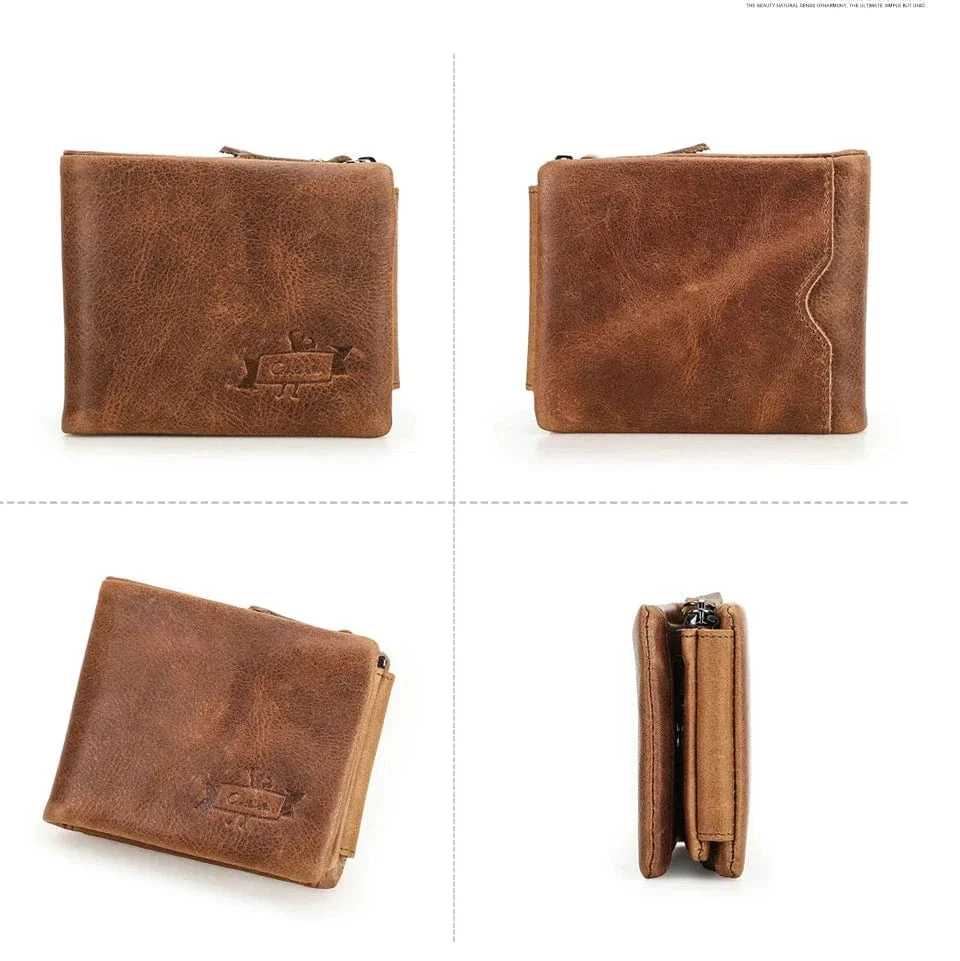 Portefeuille homme trois volets en cuir, poche à monnaie zippée
