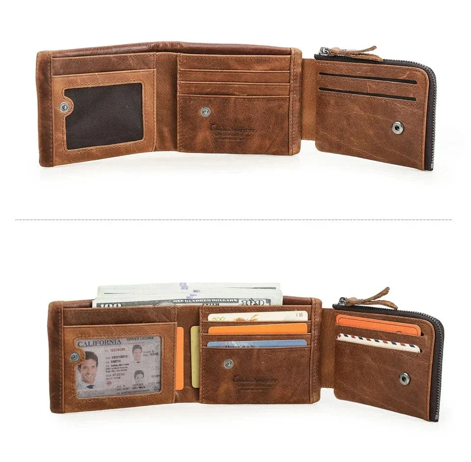 Portefeuille homme trois volets en cuir, poche à monnaie zippée