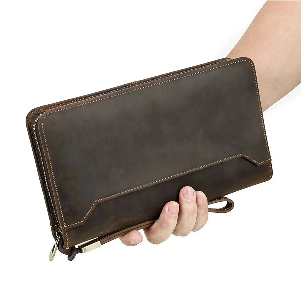 Portefeuille homme zippé en cuir, grand format, place passeport