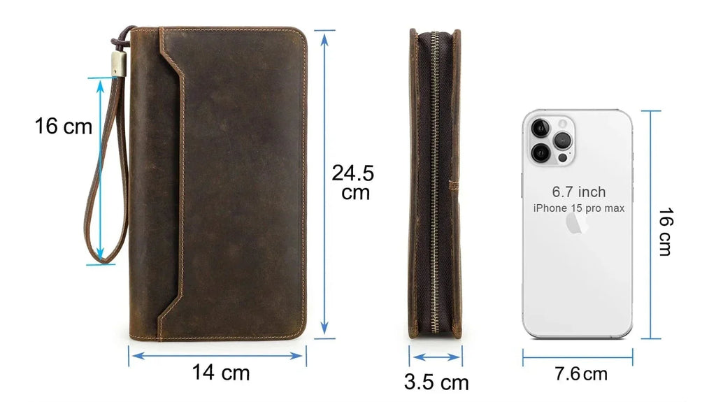 Portefeuille homme zippé en cuir, grand format, place passeport