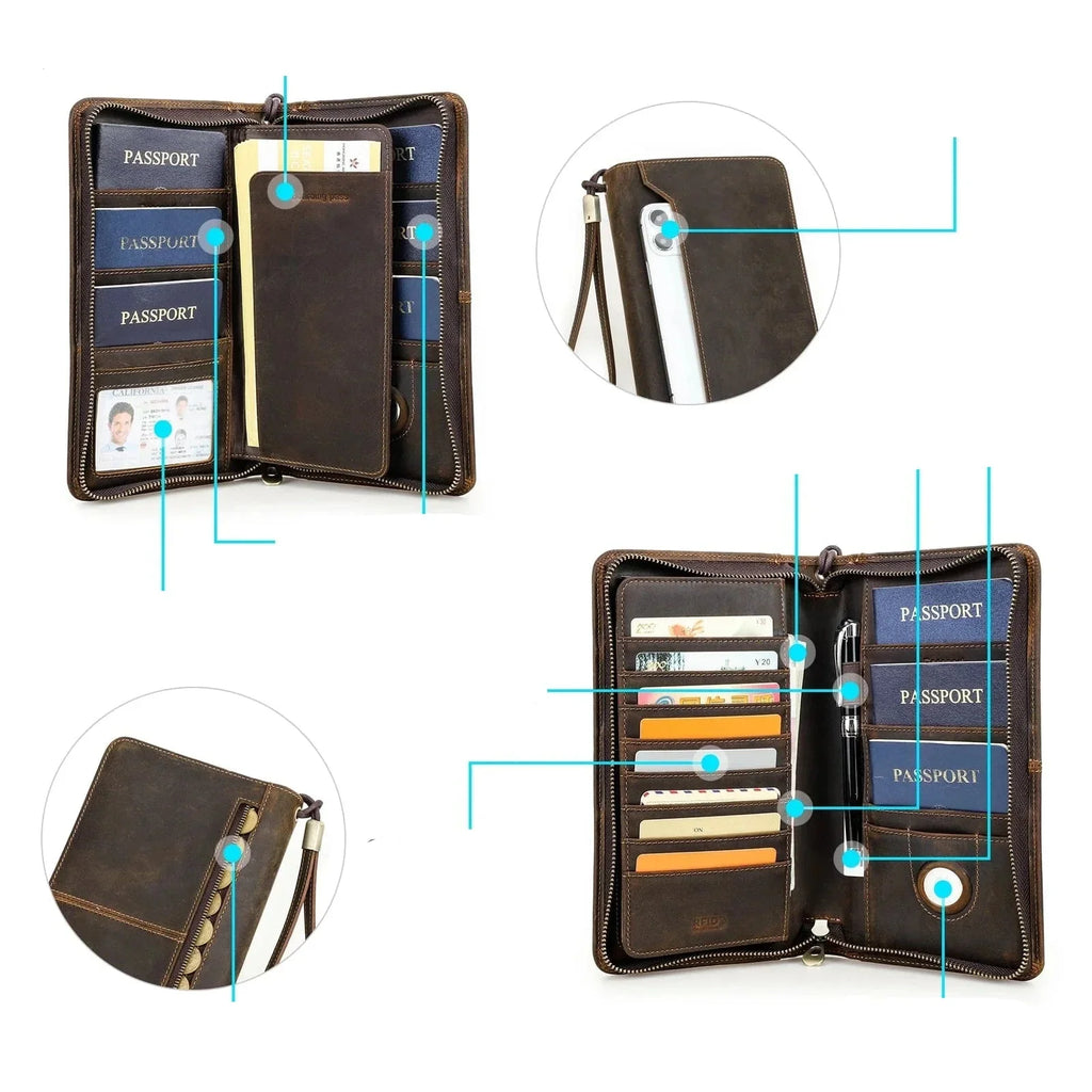 Portefeuille homme zippé en cuir, grand format, place passeport