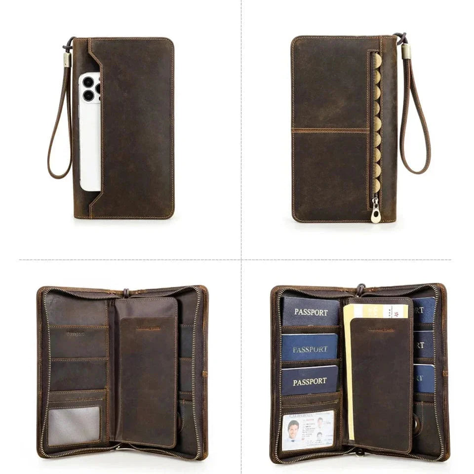 Portefeuille homme zippé en cuir, grand format, place passeport