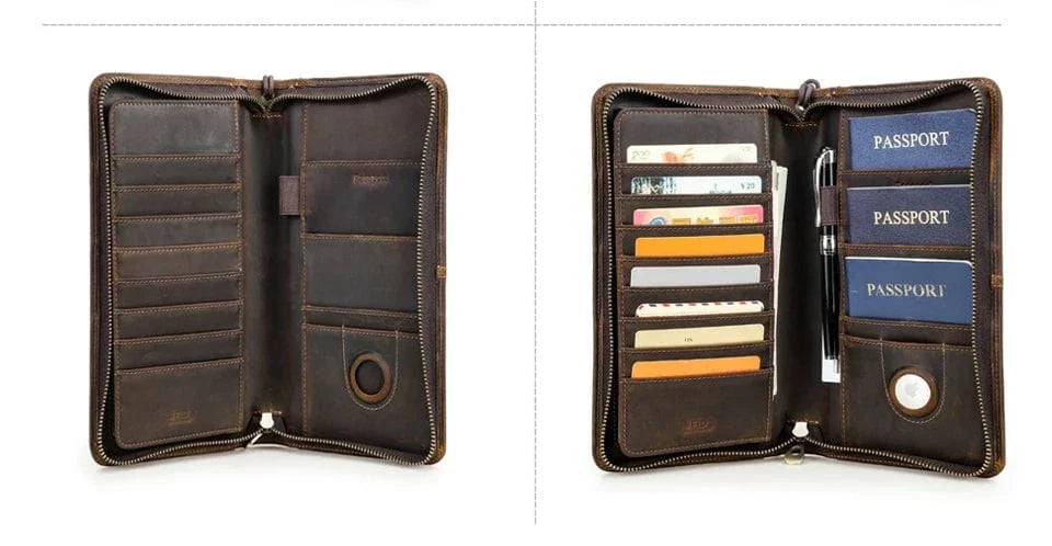 Portefeuille homme zippé en cuir, grand format, place passeport