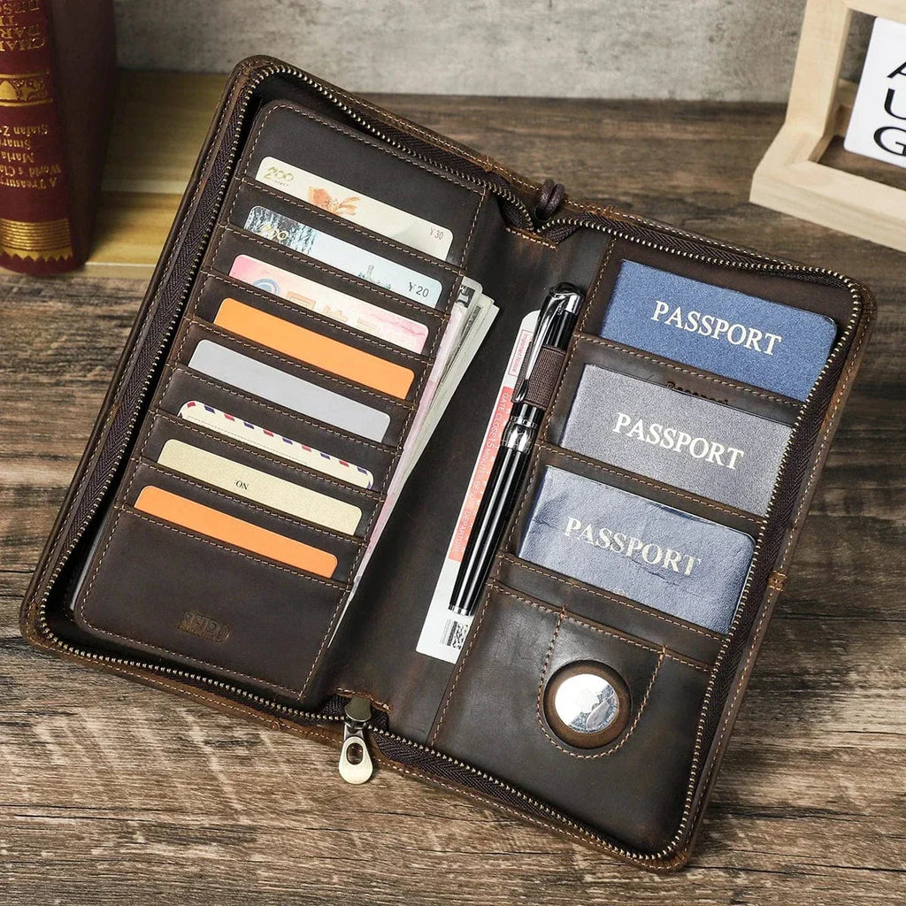 Portefeuille homme zippé en cuir, grand format, place passeport, café