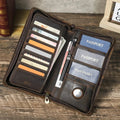 Portefeuille homme zippé en cuir, grand format, place passeport, café