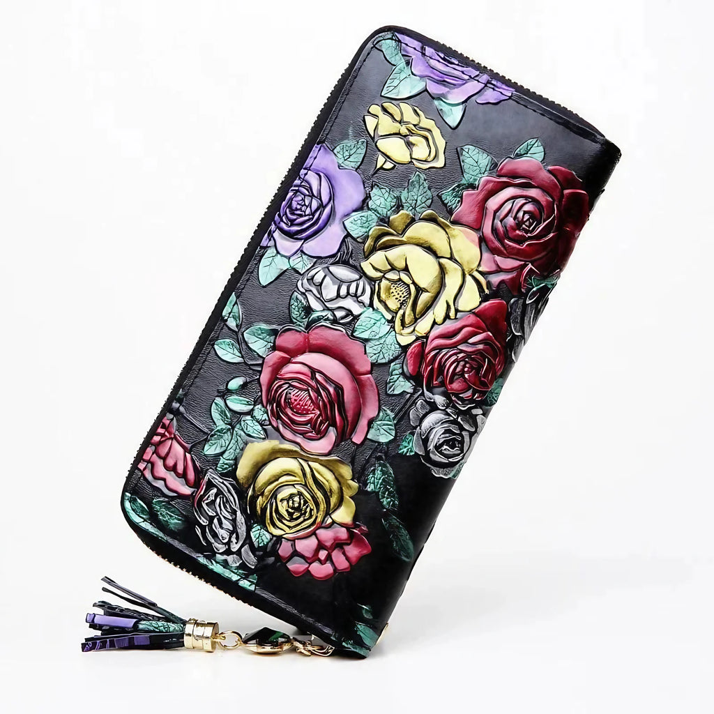 Portefeuille long femme en cuir, reflets or rose ou motif papillon