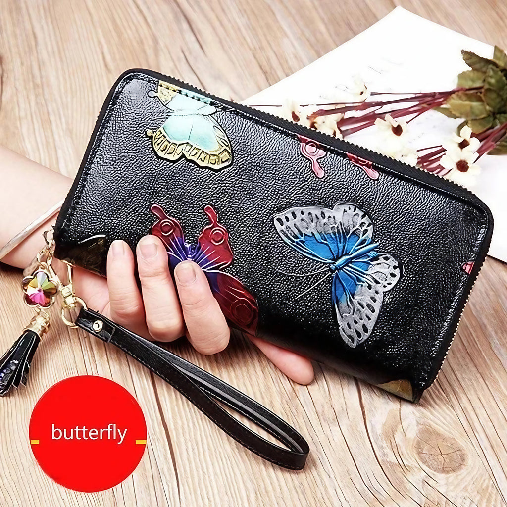 Portefeuille long femme en cuir, reflets or rose ou motif papillon, motif papillon