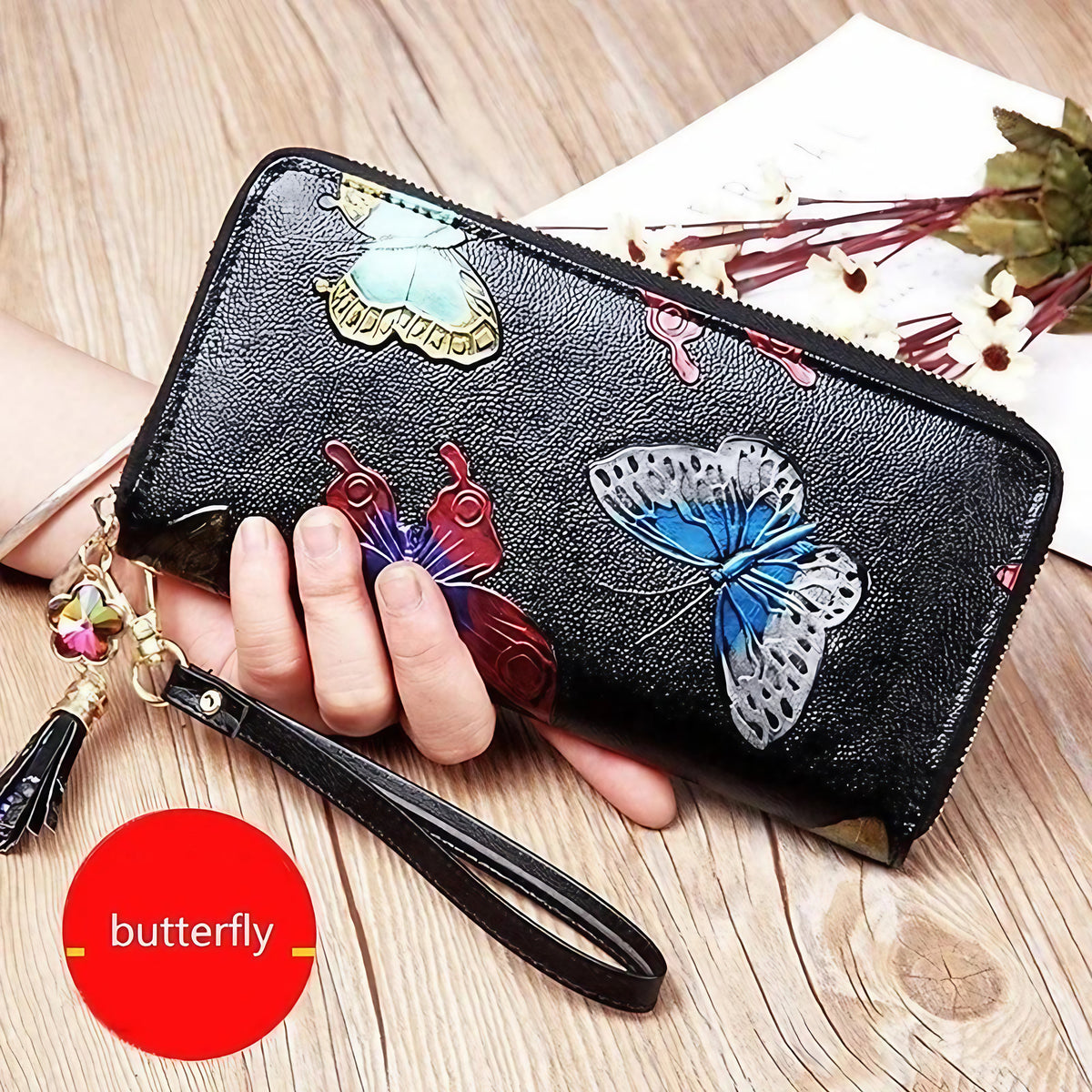 Portefeuille long femme en cuir, reflets or rose ou motif papillon, motif papillon