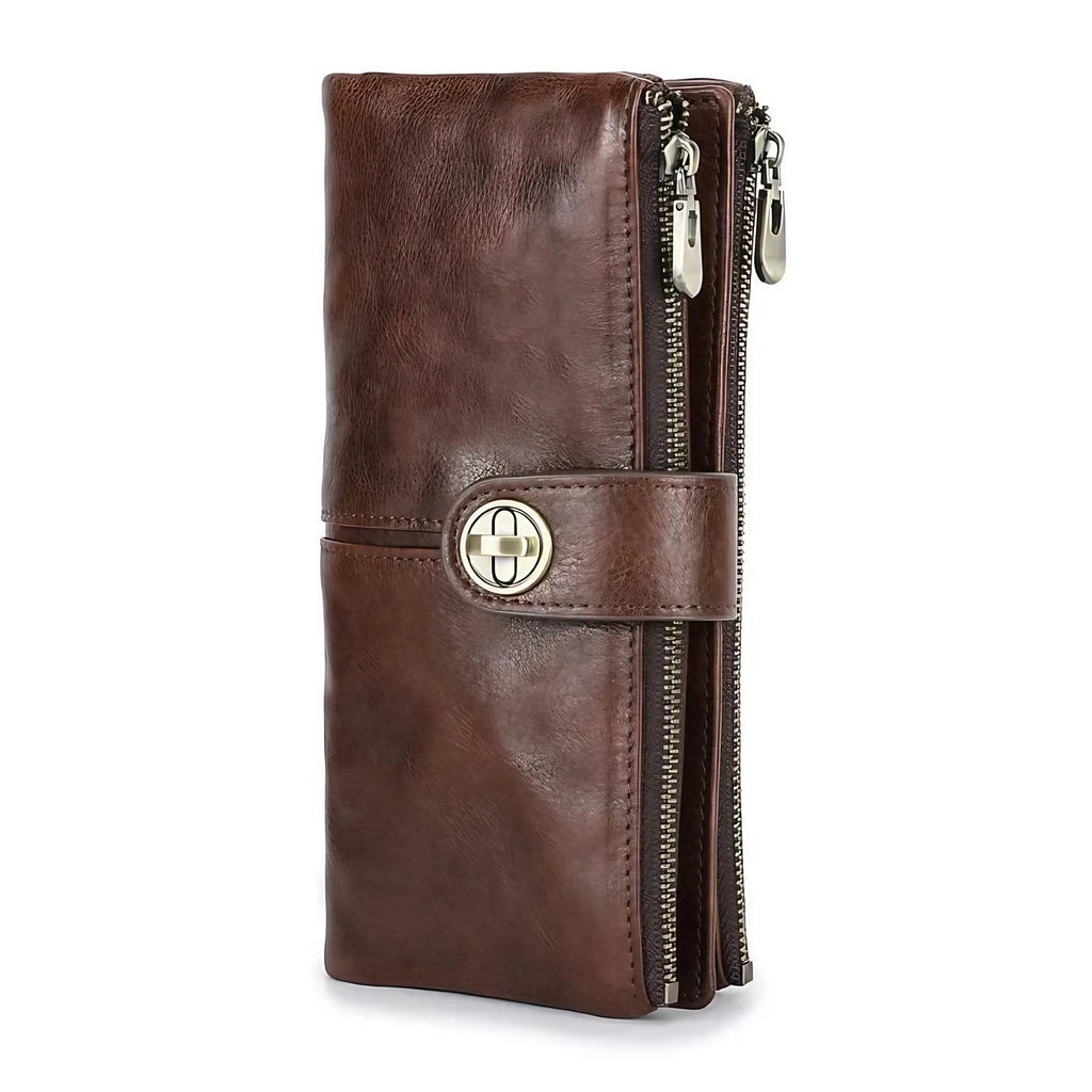 Portefeuille long femme zippé avec fente pour traceur, cinq coloris, café