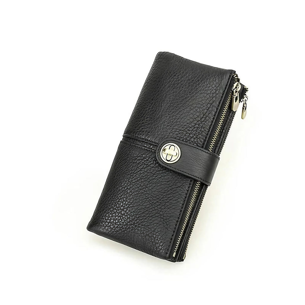 Portefeuille long femme zippé avec fente pour traceur, cinq coloris, noir