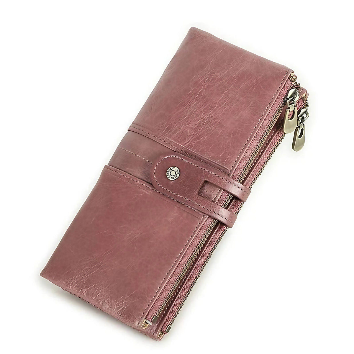 Portefeuille long homme en cuir, rabat à loquet et poche zippée, rose
