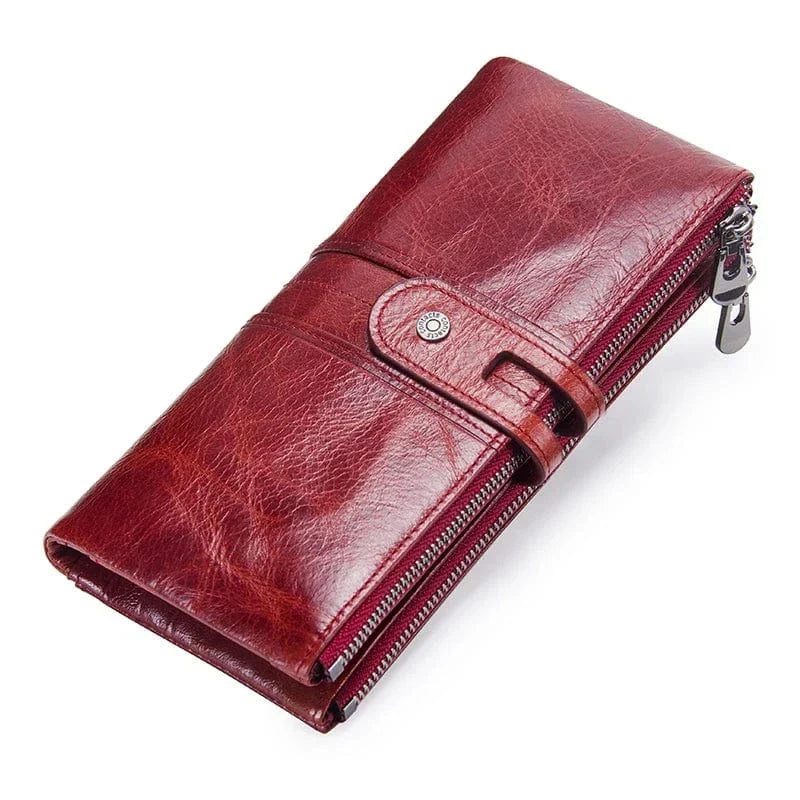 Portefeuille long homme en cuir, rabat à loquet et poche zippée, rouge