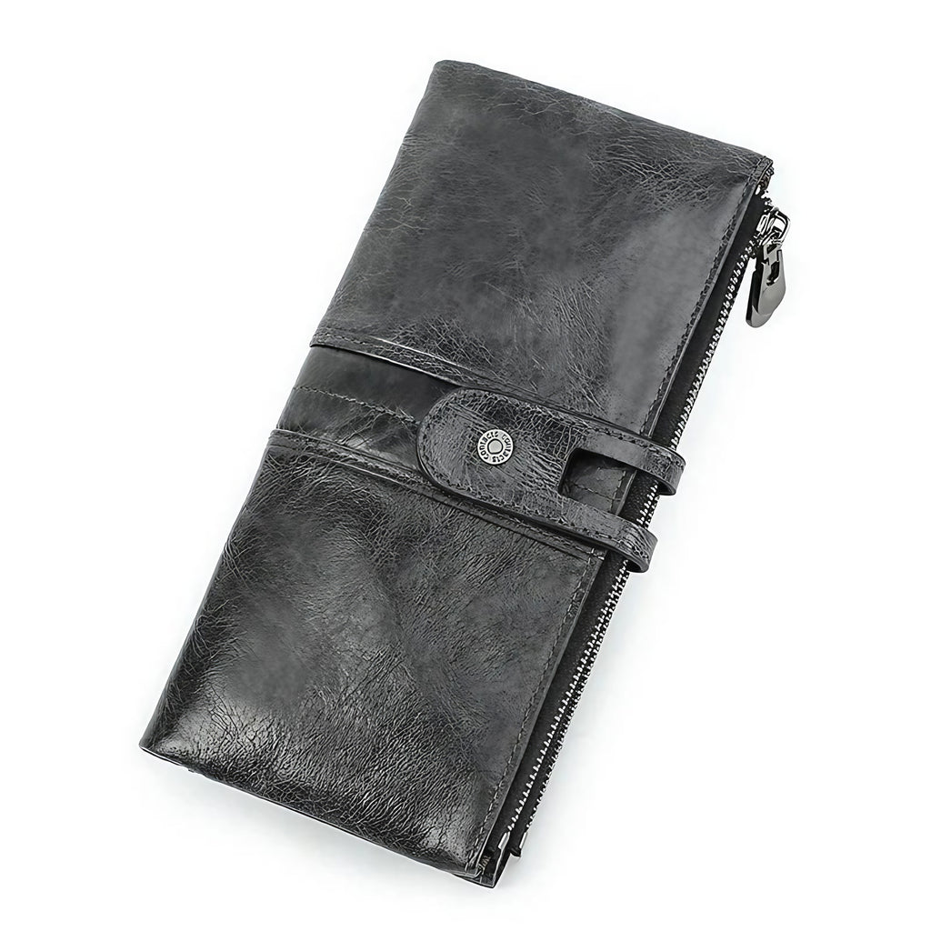 Portefeuille long homme en cuir, rabat à loquet et poche zippée, gris