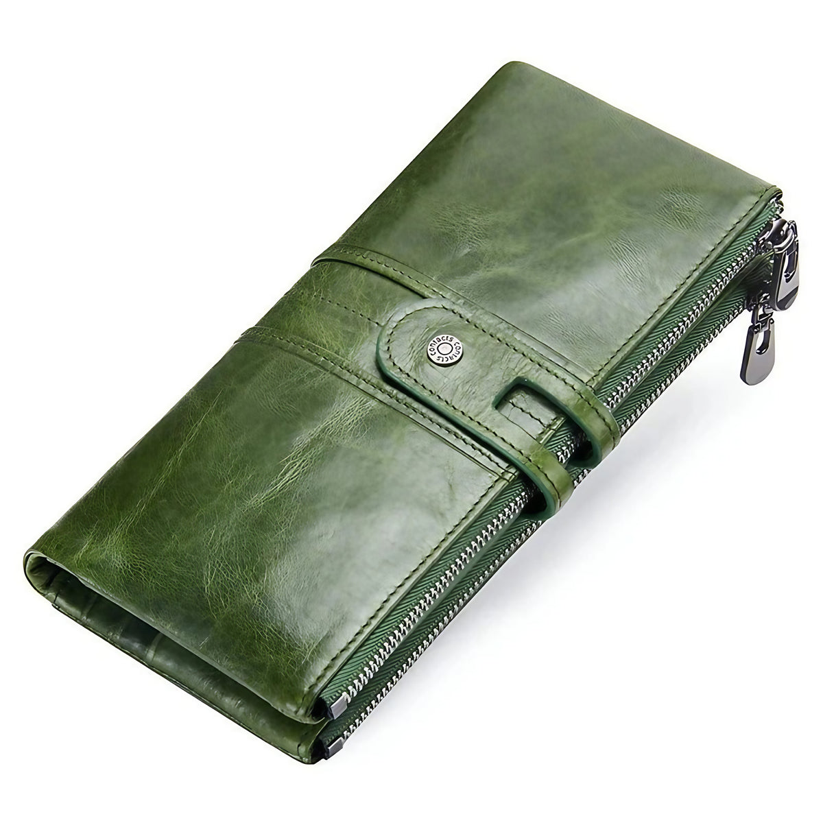 Portefeuille long homme en cuir, rabat à loquet et poche zippée, vert