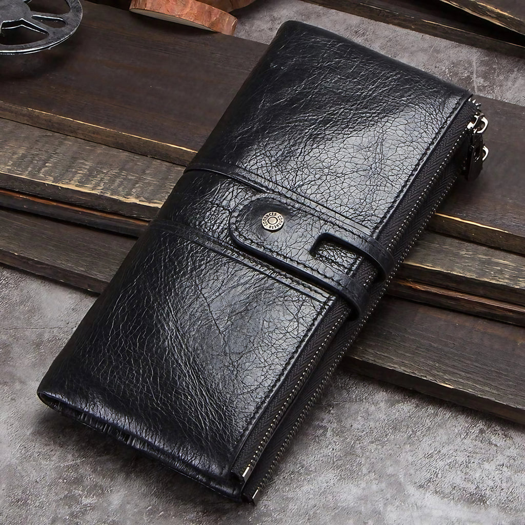 Portefeuille long homme en cuir, rabat à loquet et poche zippée, noir