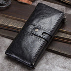 Portefeuille long homme en cuir, rabat à loquet et poche zippée, noir