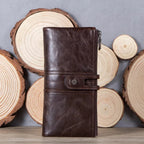 Portefeuille long homme en cuir, rabat à loquet et poche zippée, café