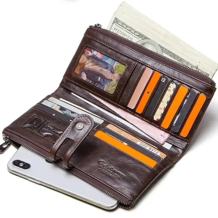 Portefeuille long homme en cuir, rabat à loquet et poche zippée