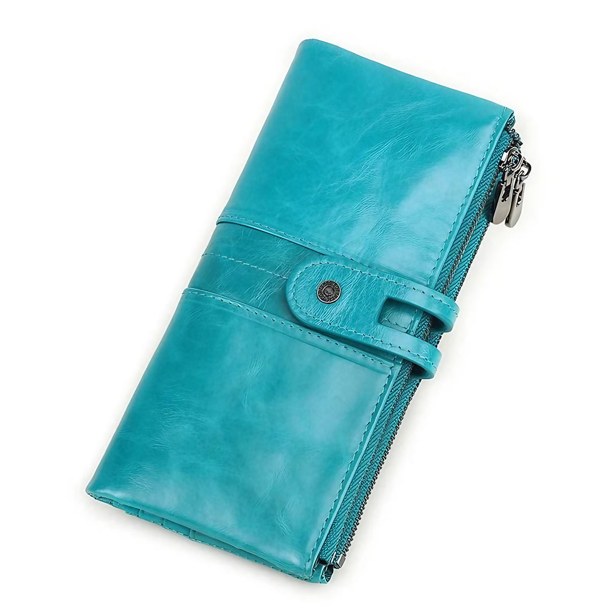 Portefeuille long homme en cuir, rabat à loquet et poche zippée, bleu