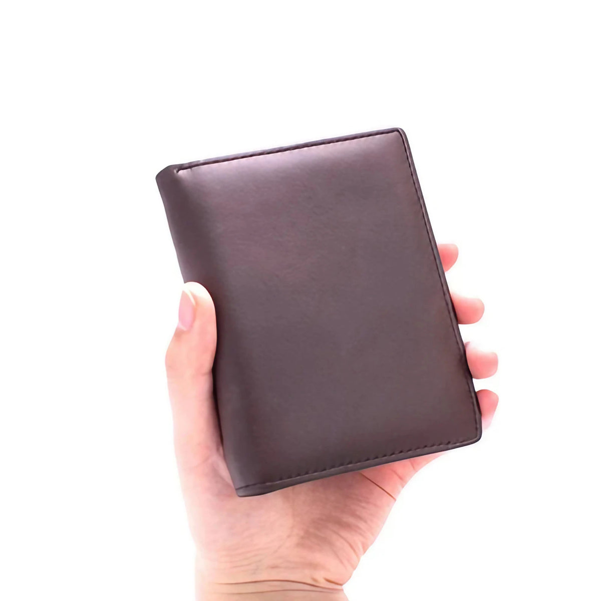 Portefeuille slim homme en cuir, trois volets, anti sans contact, café