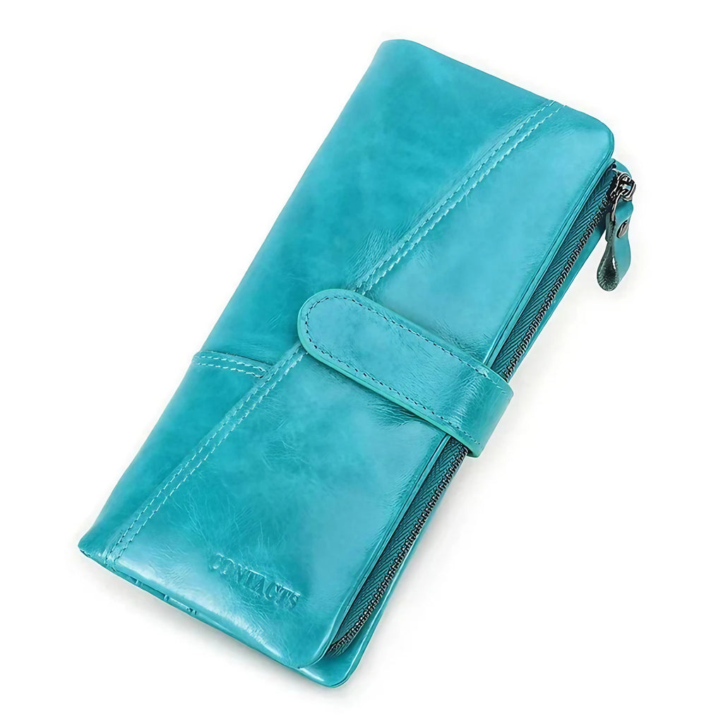 Portefeuille zippé femme, pochette téléphone, sept coloris, bleu