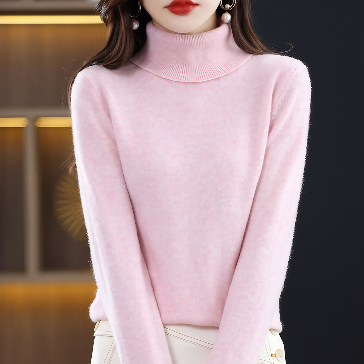 Pull col roulé femme, quatorze coloris, du S au 3XL, rose clair