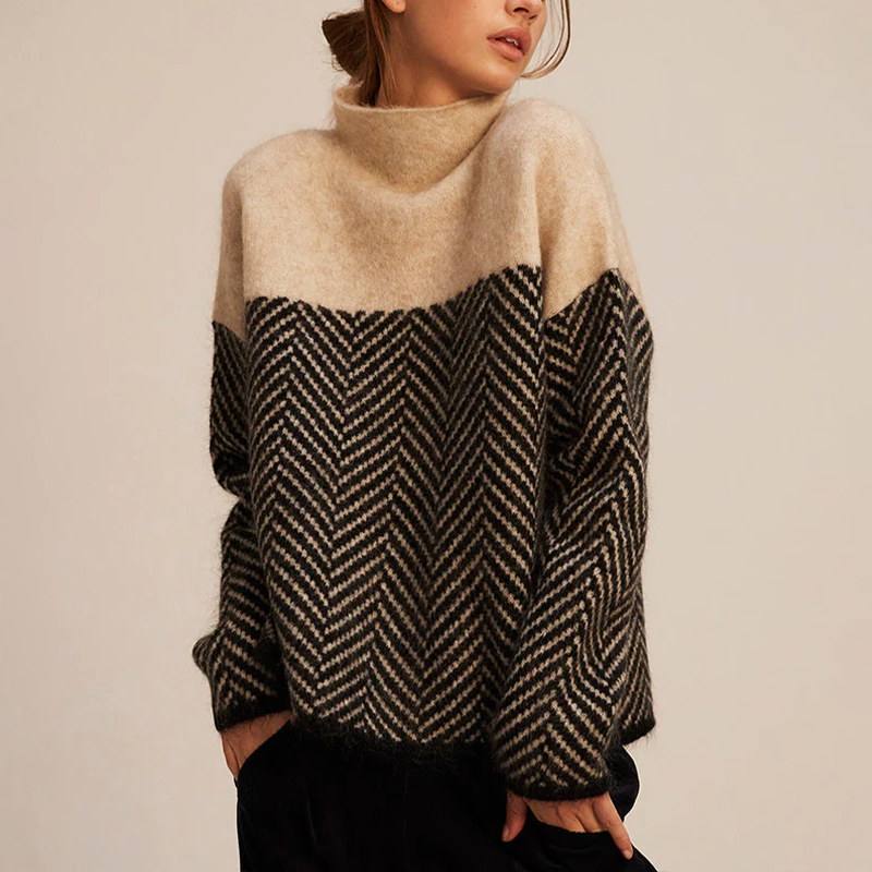 Pull col roulé femme à motif chevron, coupe ample, du XS au 3XL, marron