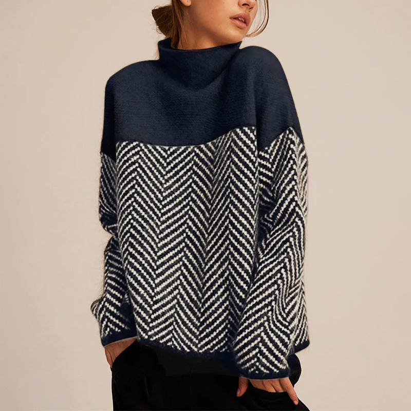 Pull col roulé femme à motif chevron, coupe ample, du XS au 3XL, bleu