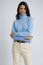 Pull col roulé femme, poignets côtelés, cinq coloris, bleu