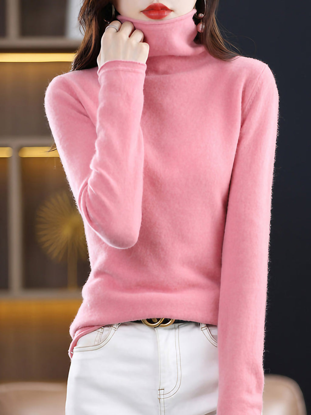 Pull col roulé femme en laine, nombreux coloris, du S au 2XL, pi rose