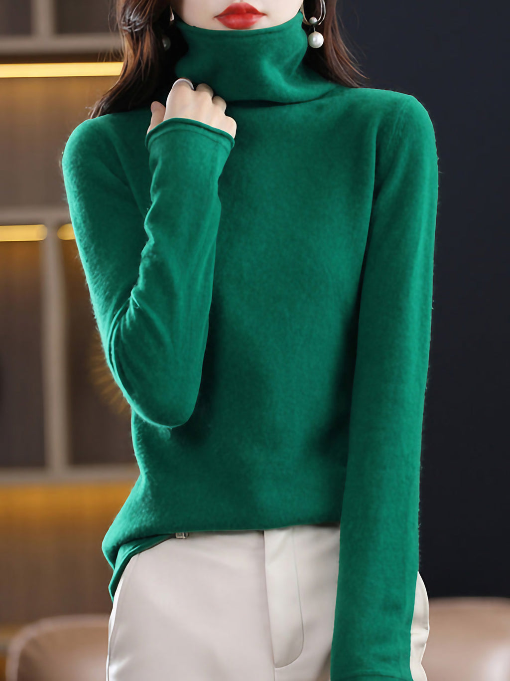 Pull col roulé femme en laine, nombreux coloris, du S au 2XL, vert