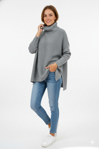 Pull col roulé oversize femme, bords-côtes larges, neuf coloris, gris
