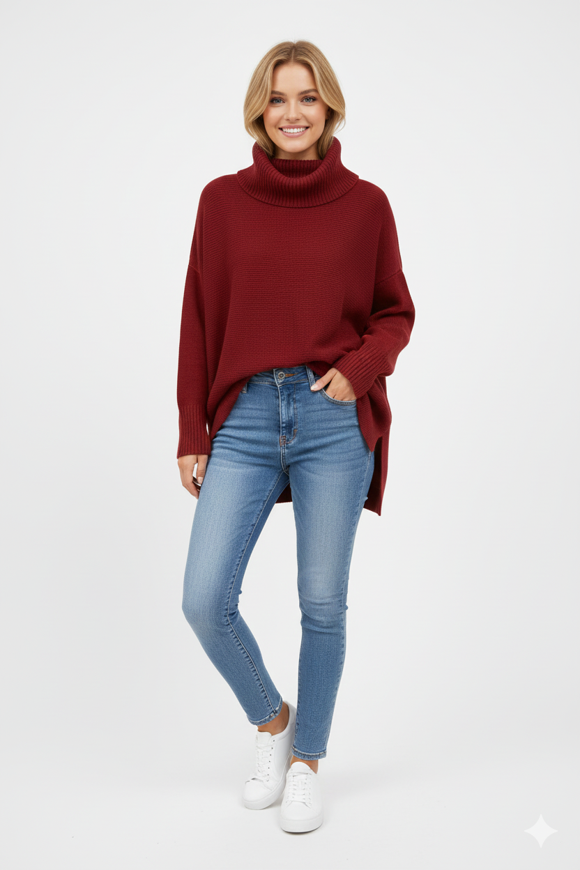 Pull col roulé oversize femme, bords-côtes larges, neuf coloris, rouge