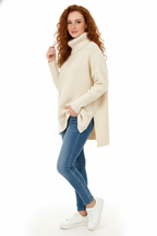 Pull col roulé oversize femme, bords-côtes larges, neuf coloris, beige