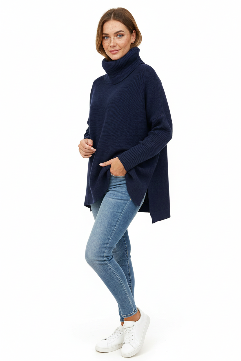 Pull col roulé oversize femme, bords-côtes larges, neuf coloris, bleu marine