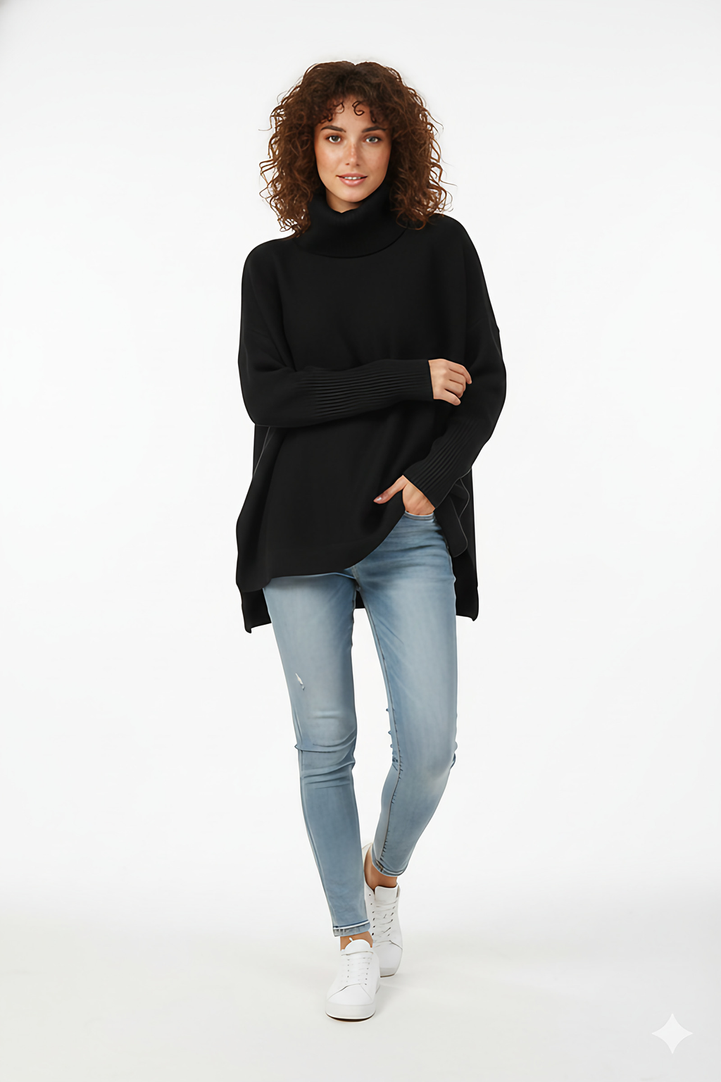 Pull col roulé oversize femme, bords-côtes larges, neuf coloris, noir